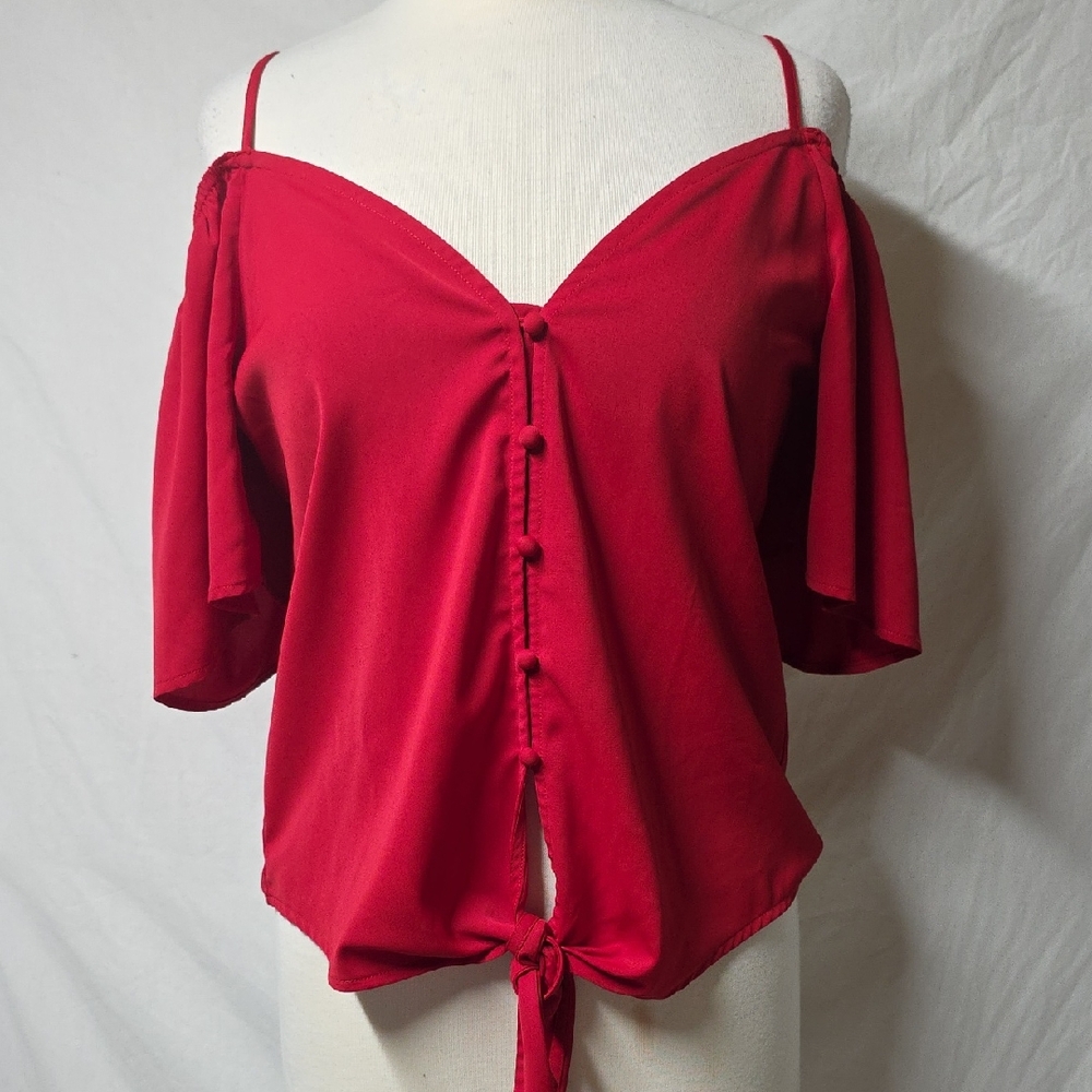 Fashion Collection Red Off-Shoulder Buttoned Women Top Small